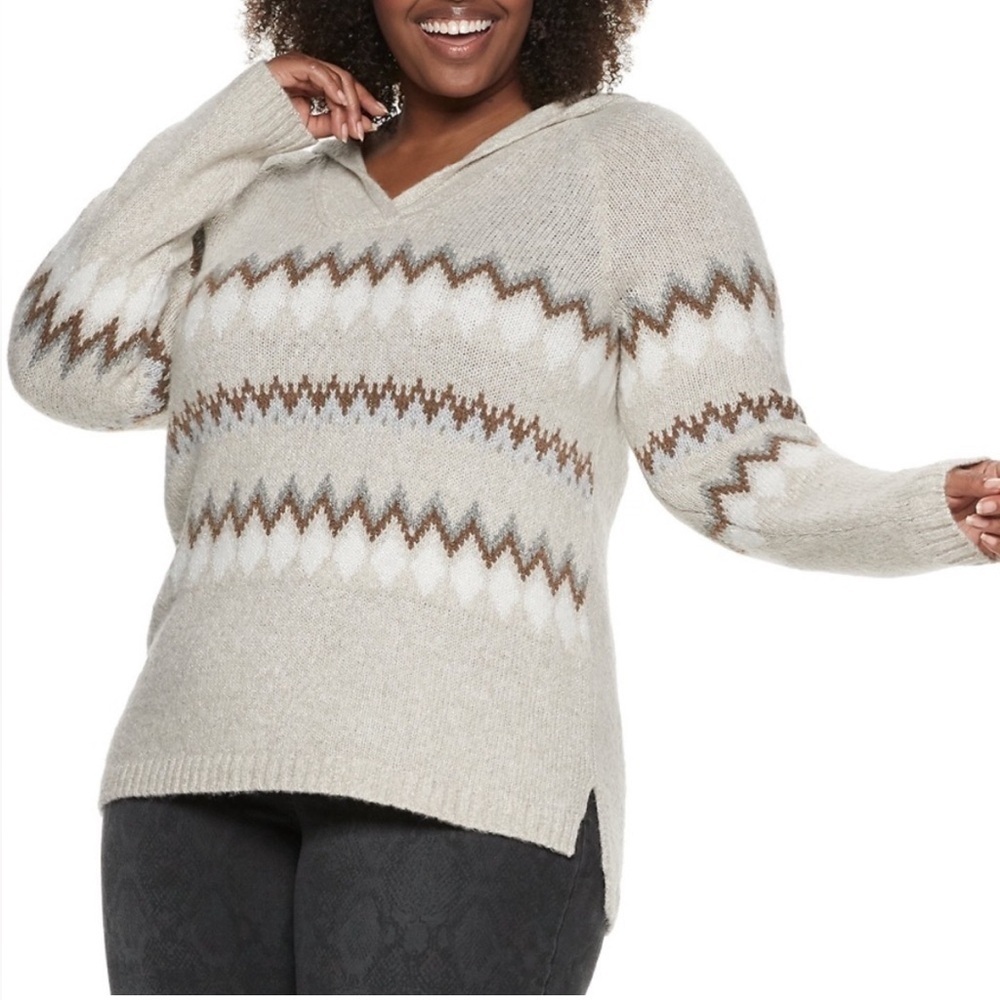 EVRI Women’s Fairaisle Oat Hooded Tunic Sweater Size 2X